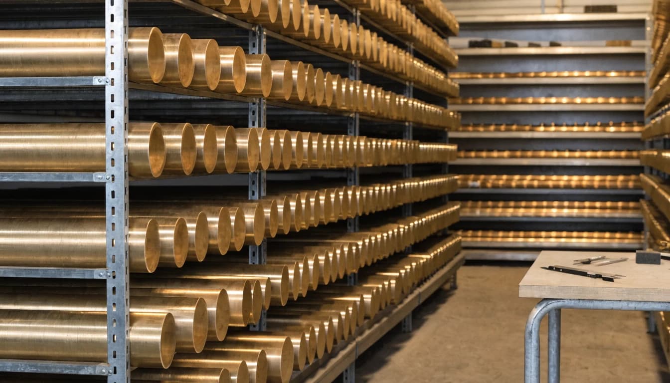Pasillo de un almacén con barras y bujes de bronce ordenados en anaqueles