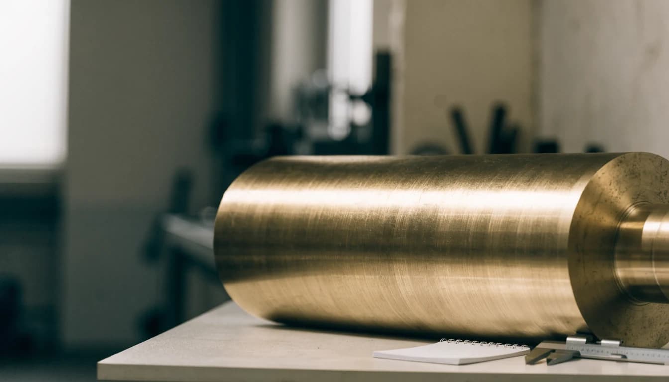 Una pieza de bronce premaquinado sobre una mesa de taller, con un calibrador vernier y una libreta al lado