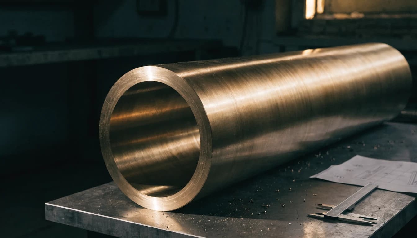 Un buje de bronce largo y premaquinado sobre una mesa de taller, junto a un plano y un calibrador