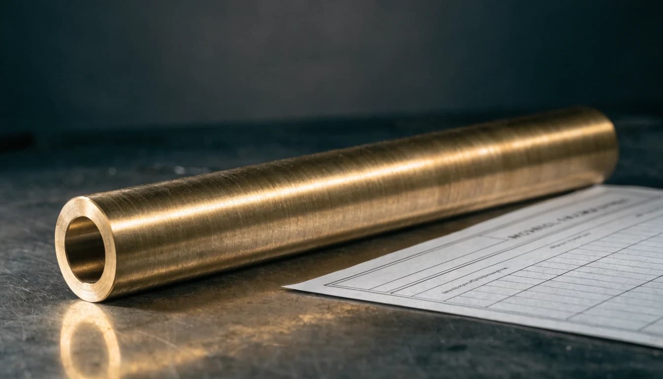 El certificado de material sobre la mesa de trabajo, junto a un buje de bronce premaquinado