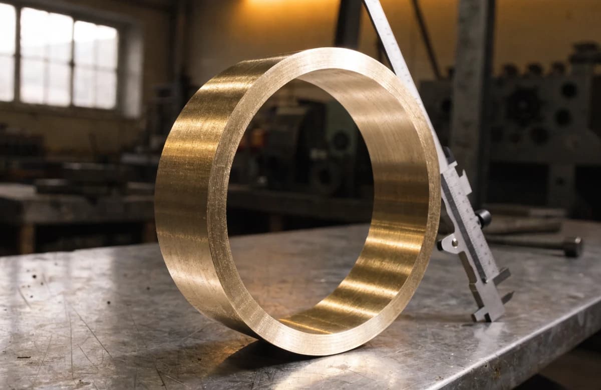 Un anillo de bronce de pared delgada, sin barrenar, parado sobre un banco de acero junto a un calibrador que da la escala