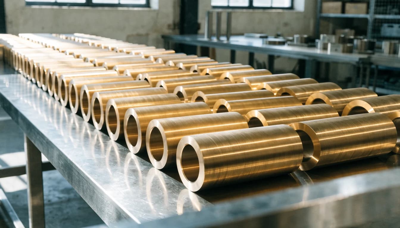 Bujes de bronce premaquinados alineados sobre una mesa de acero en la nave de Metalink