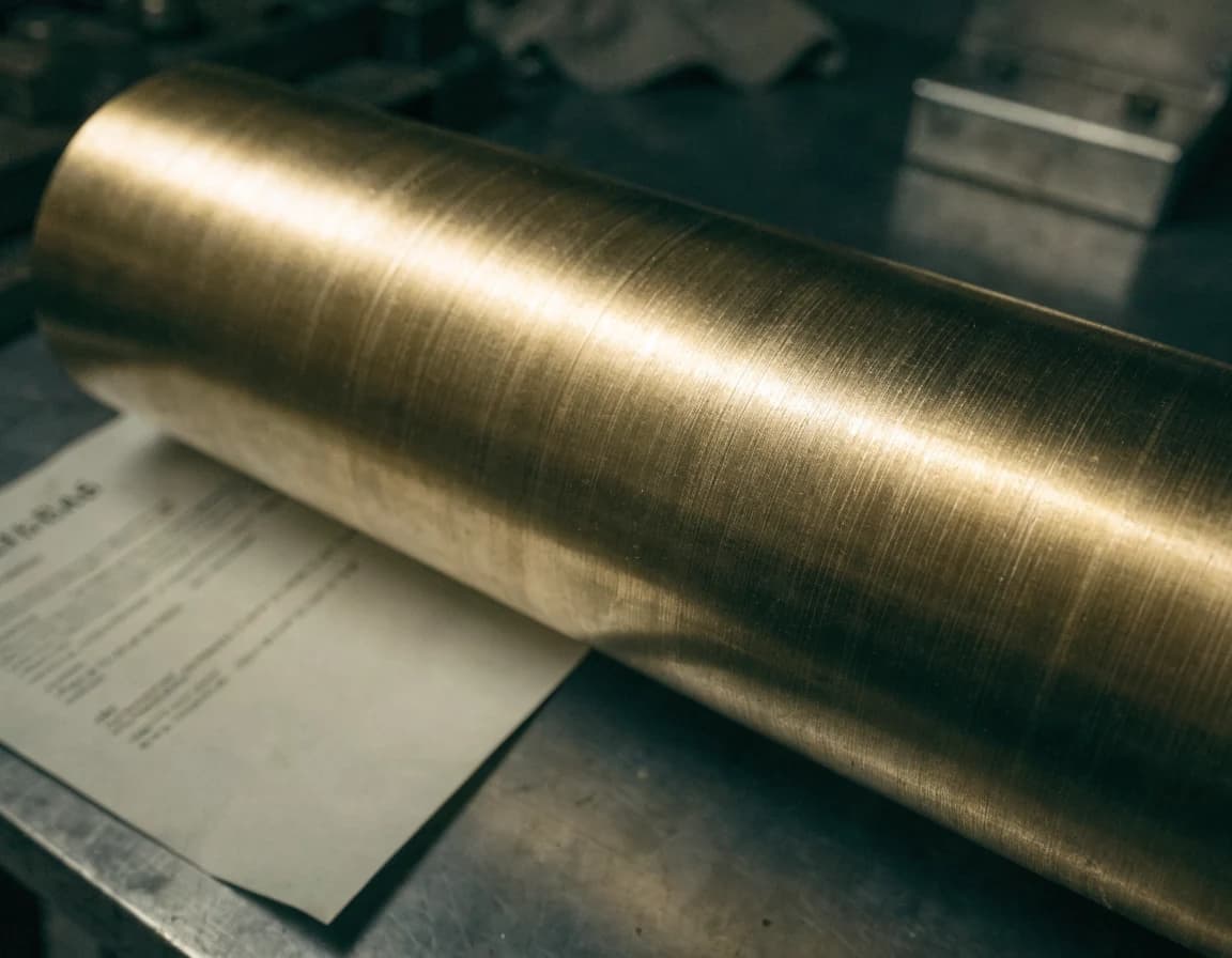 El certificado de material sobre la mesa de trabajo, junto a un buje de bronce largo recién maquinado