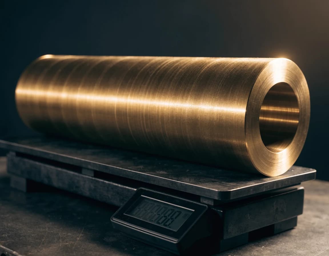 Un buje de bronce largo sobre la plataforma de una báscula industrial de taller