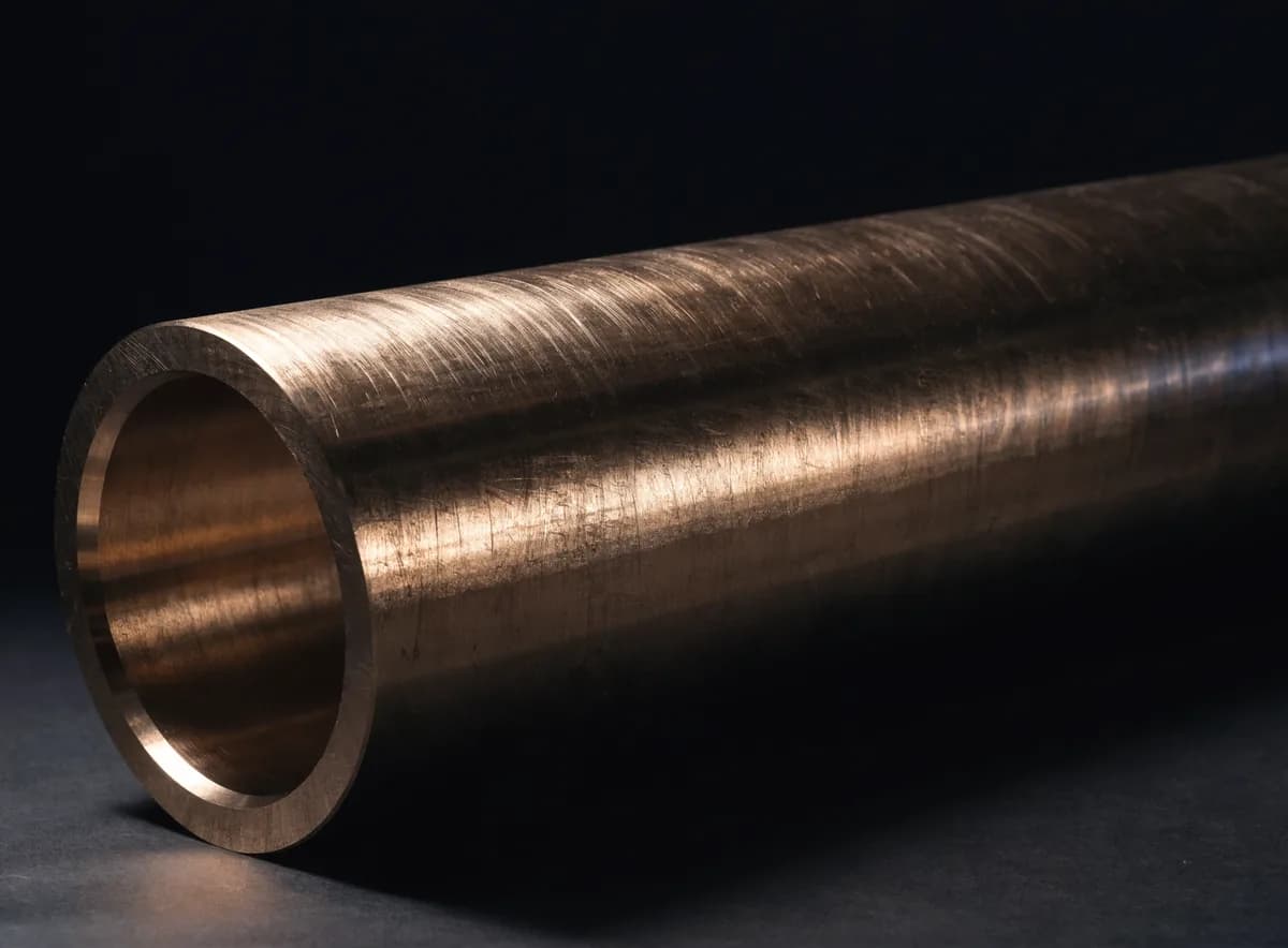 Buje de bronce premaquinado sobre fondo oscuro, con las marcas del torno a la vista
