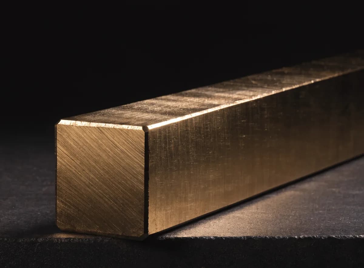 Barra cuadrada de bronce premaquinado sobre fondo oscuro